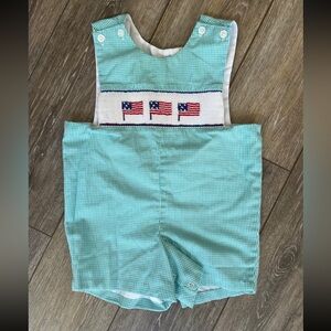 Smocked Aqua Gingham Boys' Shortall with Flag Detail